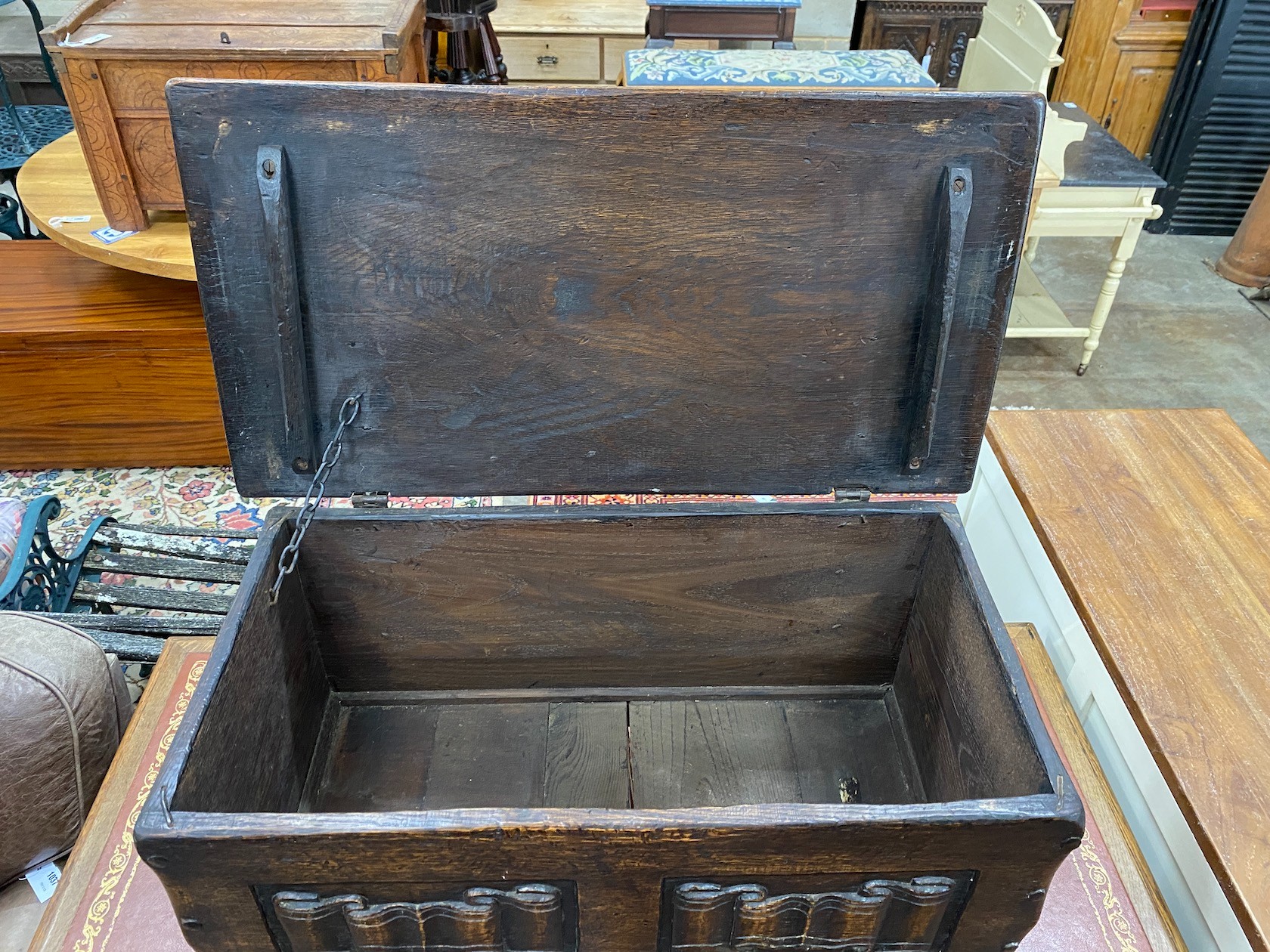 A small 1920's linenfold carved coffer, width 81cm